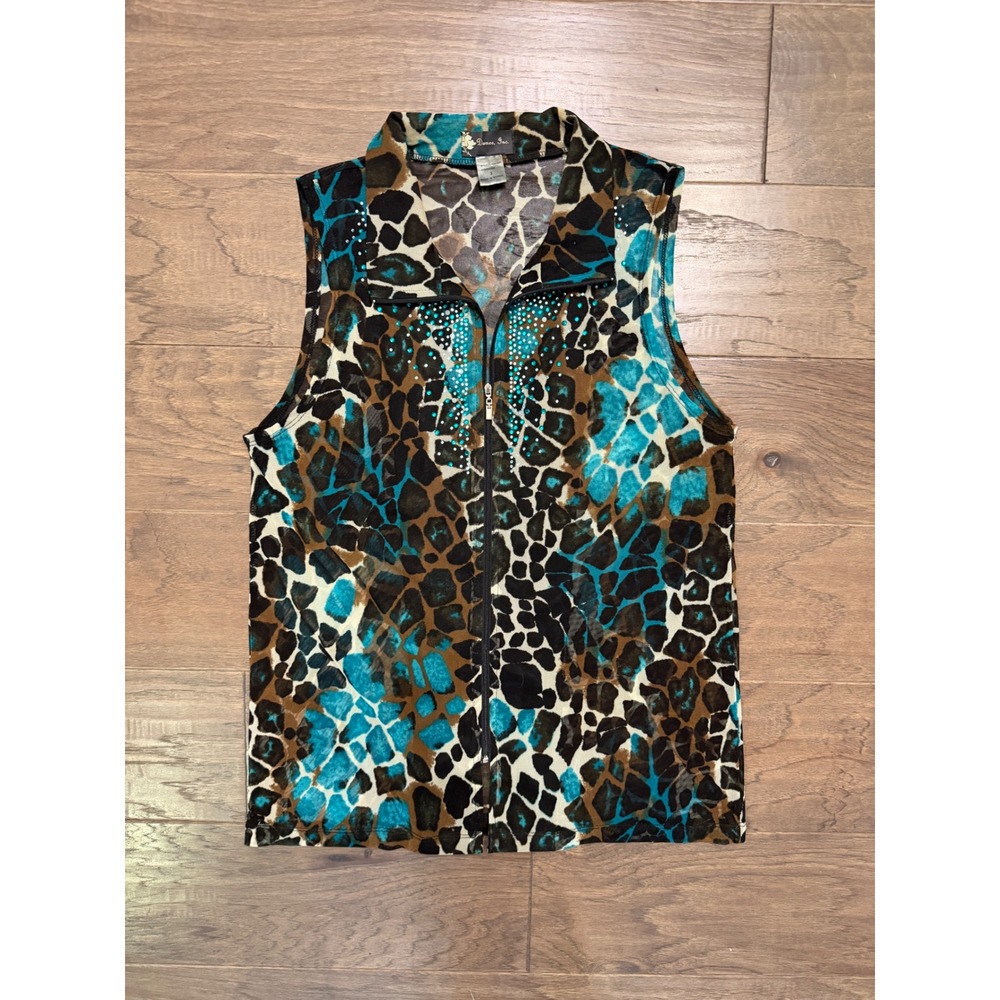 Damee Inc Sleeveless Top Women S Turquoise Animal Print Mesh Zip Vest Rhinestone